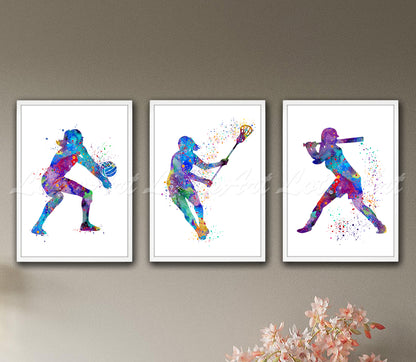 Set of 3 girls sports art prints in multicolor watercolor - volleyball, lacrosse, baseball on wall