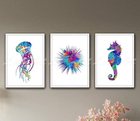 Set of 3 sea animals watercolor art prints - seahorse, jellyfish, sea urchin nautical wall decor on wall