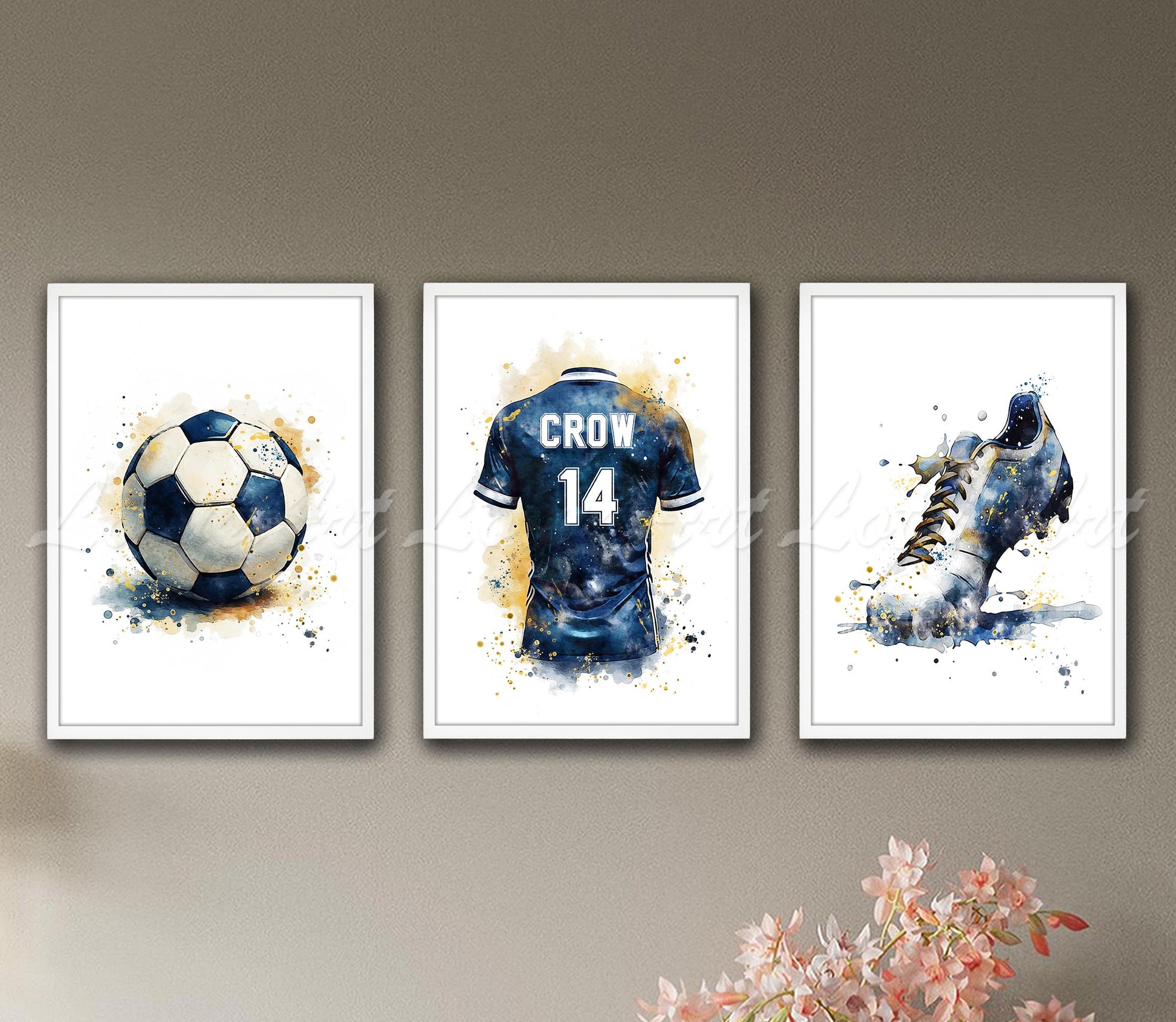 Set of 3 soccer watercolor art prints - ball, personalized jersey, cleat sports decor on wall