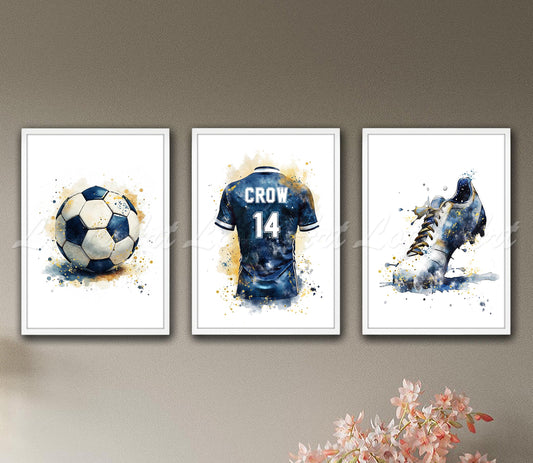 Set of 3 soccer watercolor art prints - ball, personalized jersey, cleat sports decor on wall