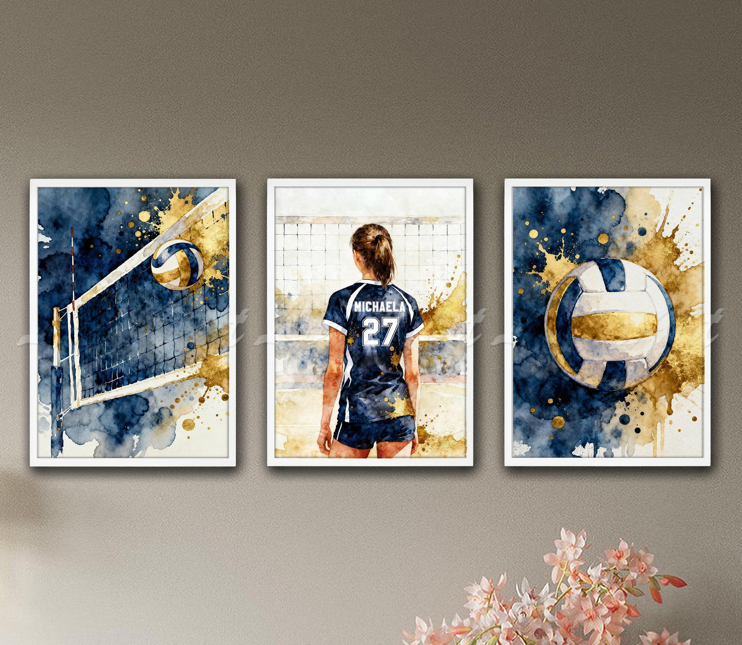 Set of 3 volleyball watercolor art prints - net, personalized player, ball sports decor on wall