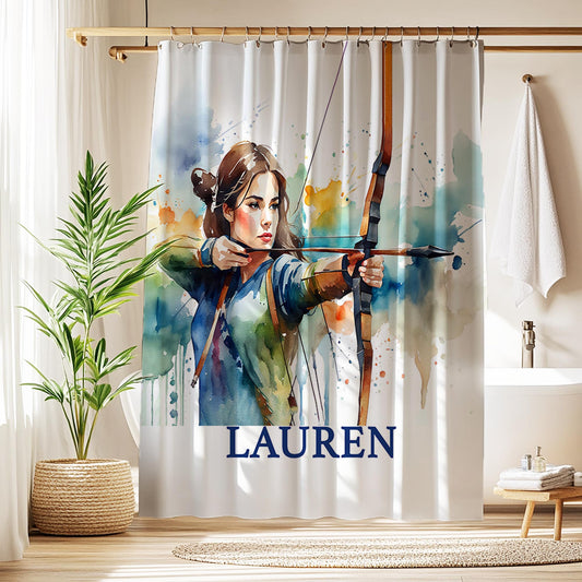 Personalized girl archery watercolor shower curtain for sports bathroom decor, unique archer gift