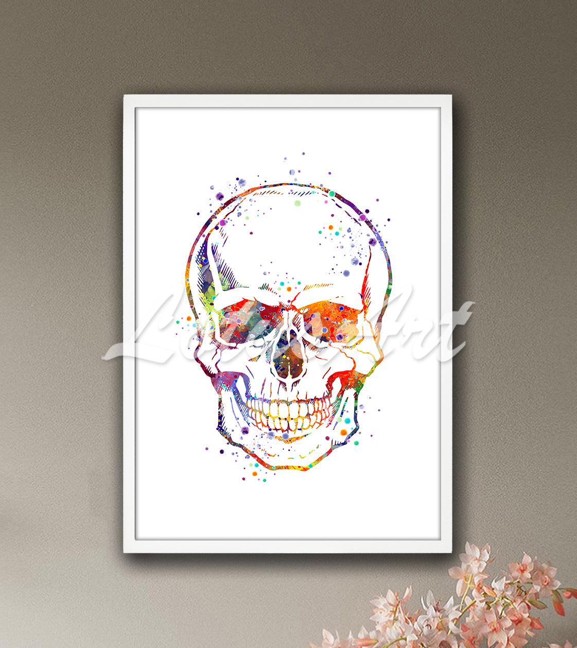 Human skull front view detailed anatomy vibrant multicolor watercolor print - medical educational wall art