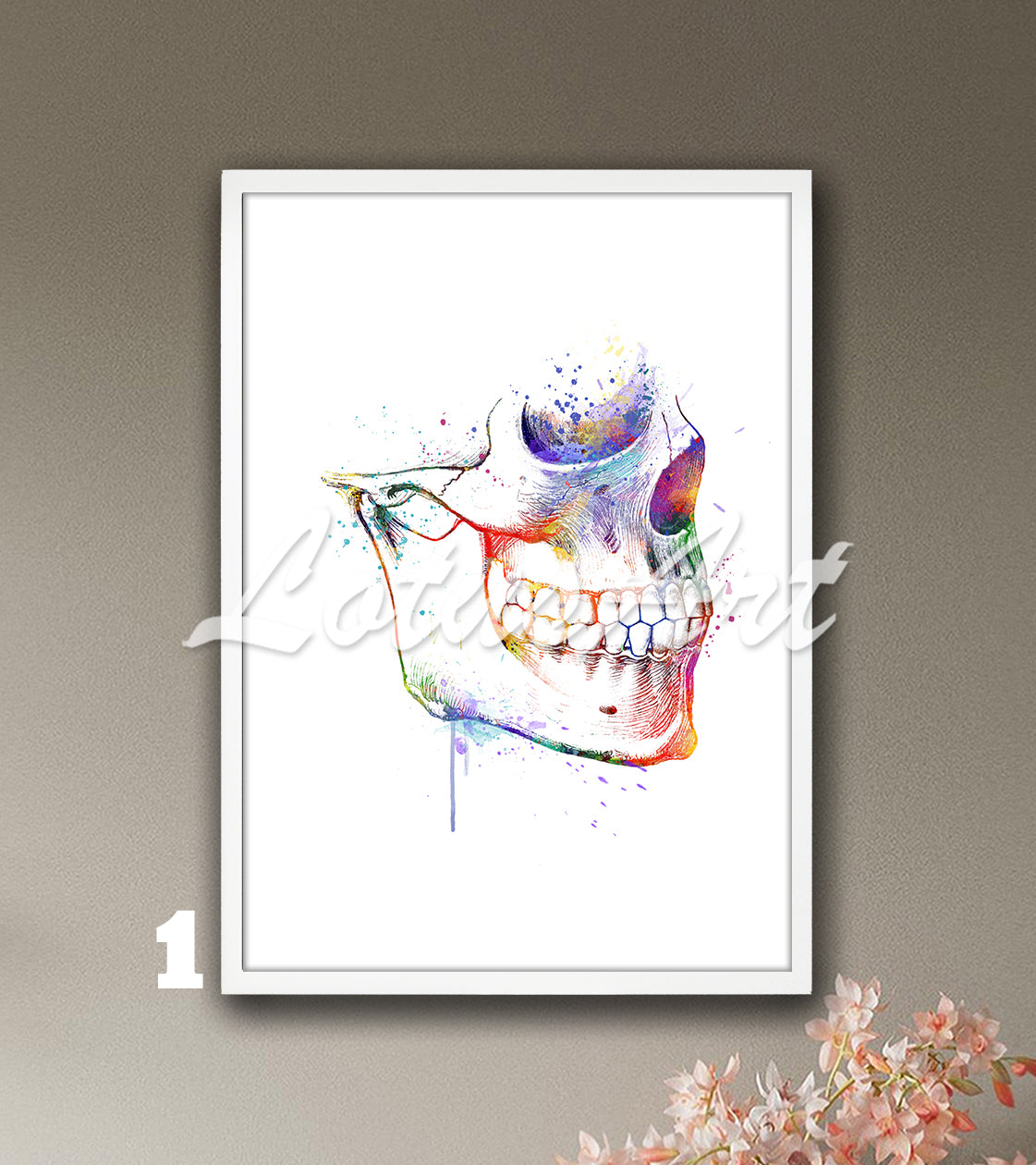 Skull with jaws anatomy watercolor painting in vibrant colors - dentist clinic wall art