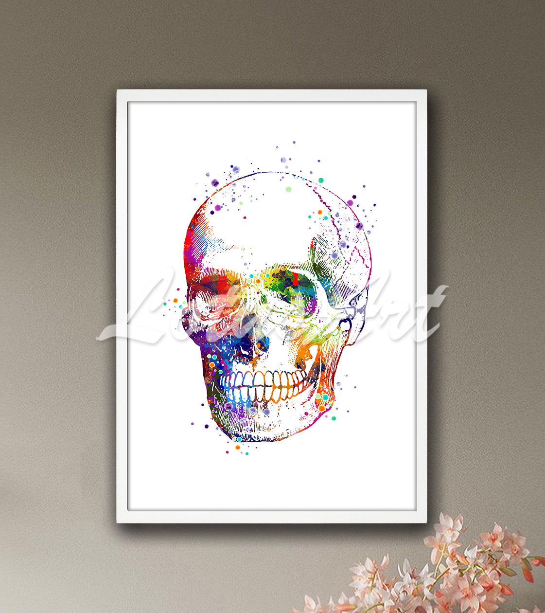 Human skull side view detailed anatomy multicolor watercolor art print - chiropractic office artwork