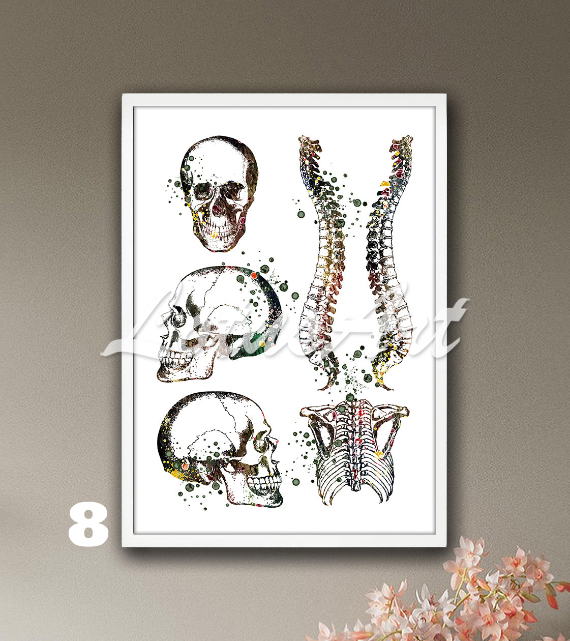 Skull spine and rib cage anatomy watercolor print in brown tones, medical wall decor for clinics & doctors office gift