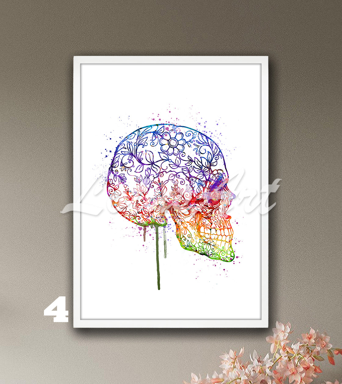 Watercolor Sugar Skull Print – Boho Skull Wall Art Decor – Good Luck Gift