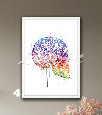 Watercolor Sugar Skull Print – Boho Skull Wall Art Decor – Good Luck Gift