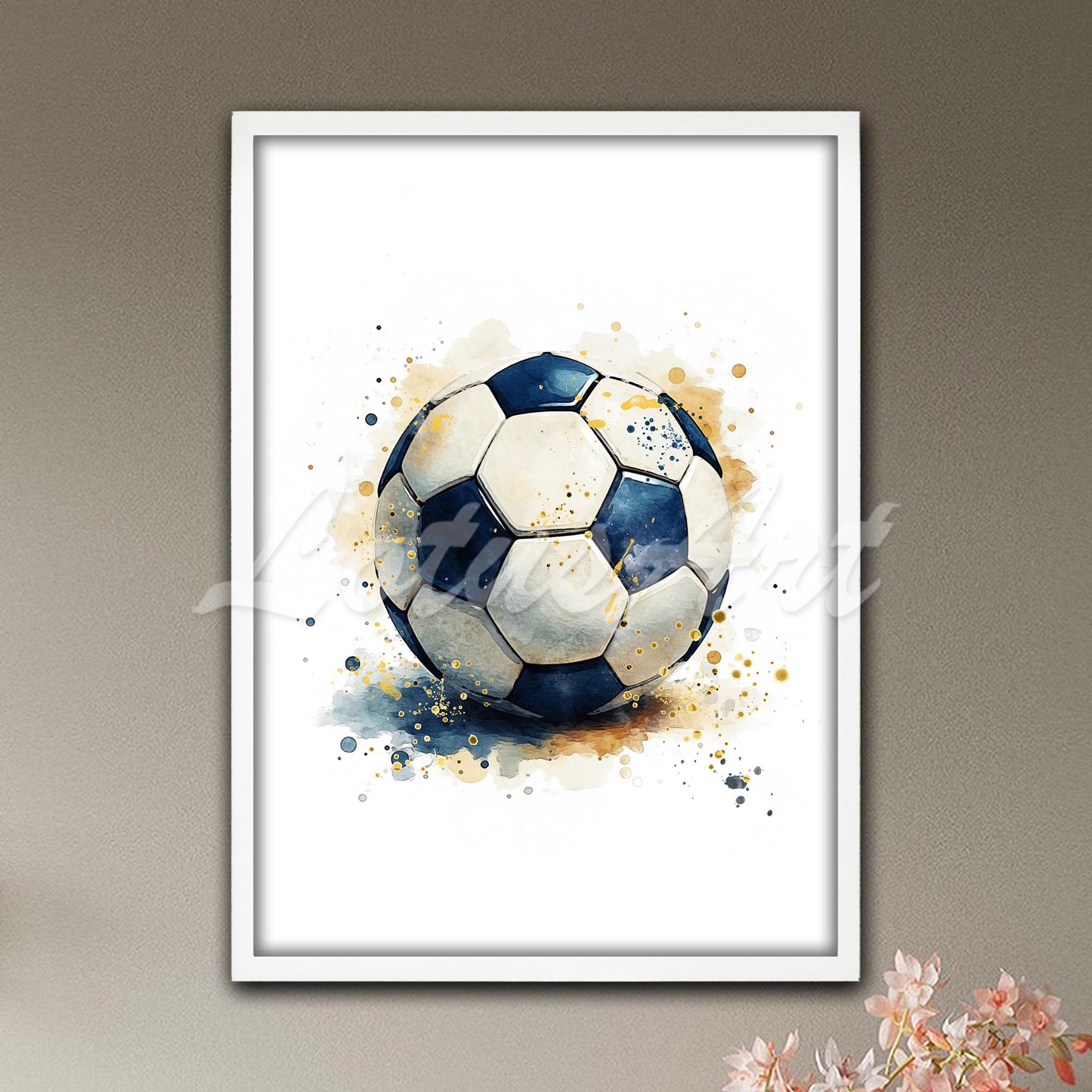 Soccer ball navy blue yellow galaxy watercolor print - affordable kids room sports wall art