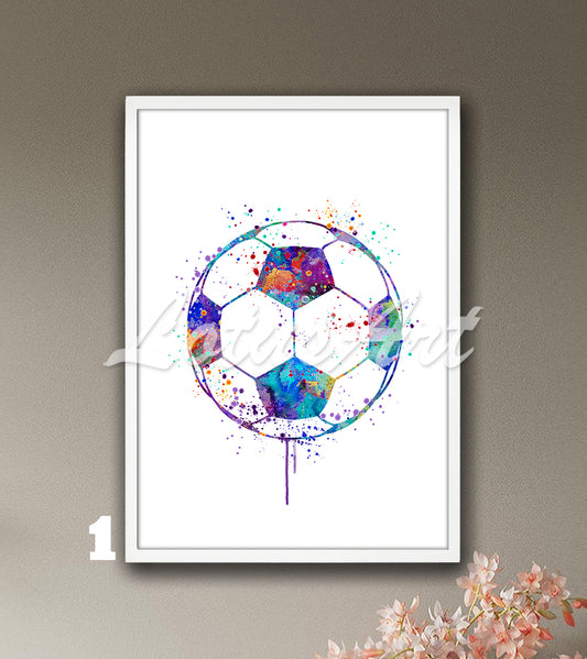Sports art print depicting a soccer ball - a multi-colored watercolor painting on white background.