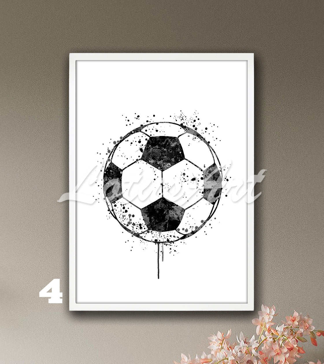 Sports art print depicting a soccer ball - a watercolor painting in black-white on white background.