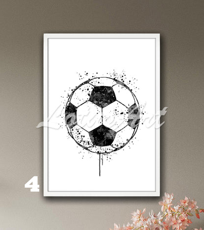 Sports art print depicting a soccer ball - a watercolor painting in black-white on white background.