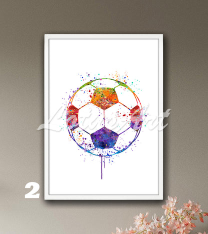Sports art print depicting a soccer ball - a watercolor painting in rainbow colors on white background.