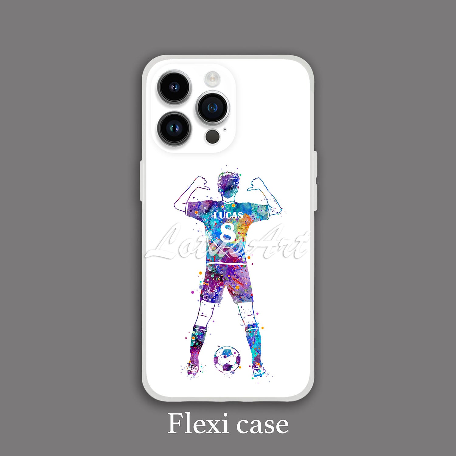 Soccer boy personalized sports phone case watercolor art, custom name & jersey number, flexi case grey bg