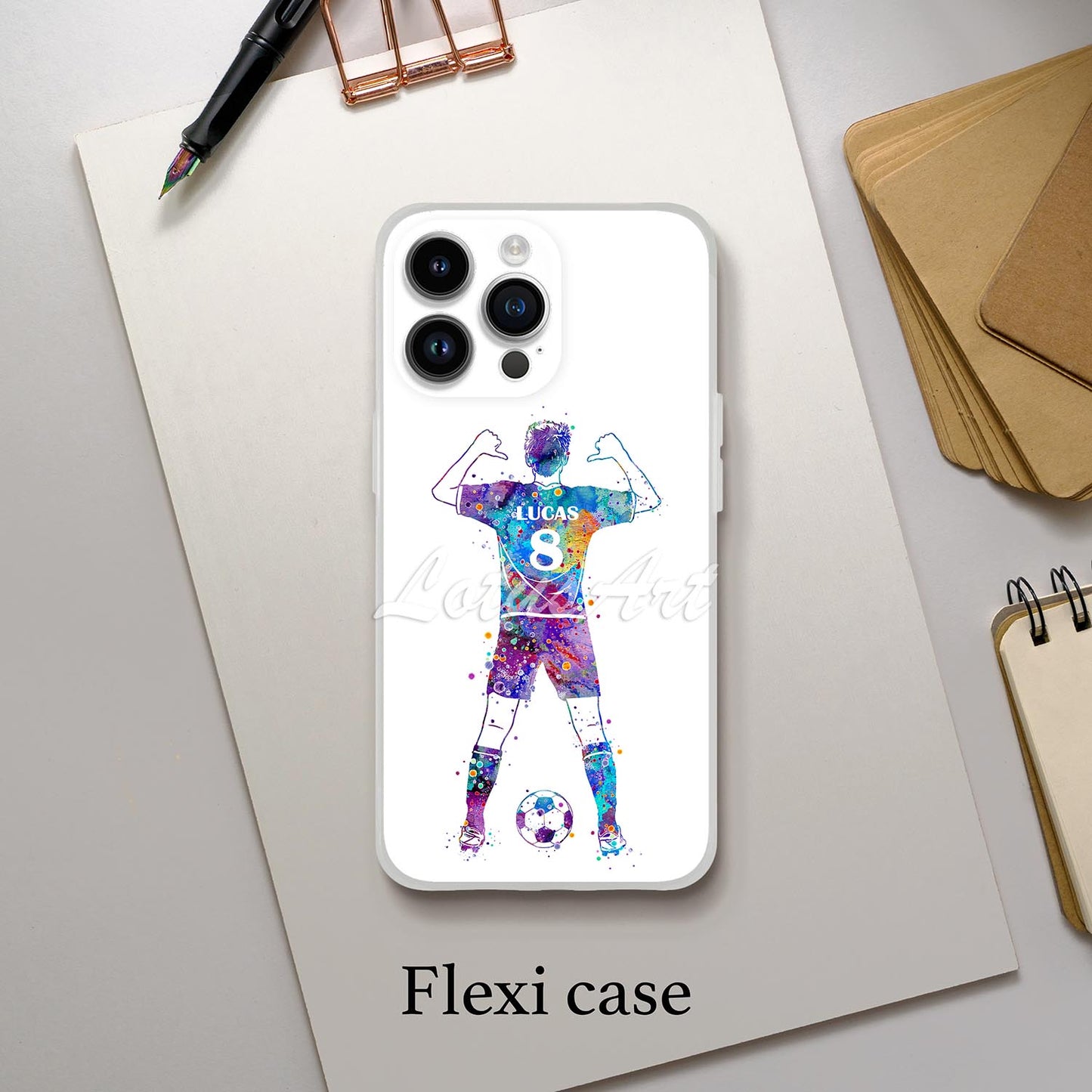 Soccer boy personalized sports phone case watercolor art, custom name & jersey number, flexi case iPhone