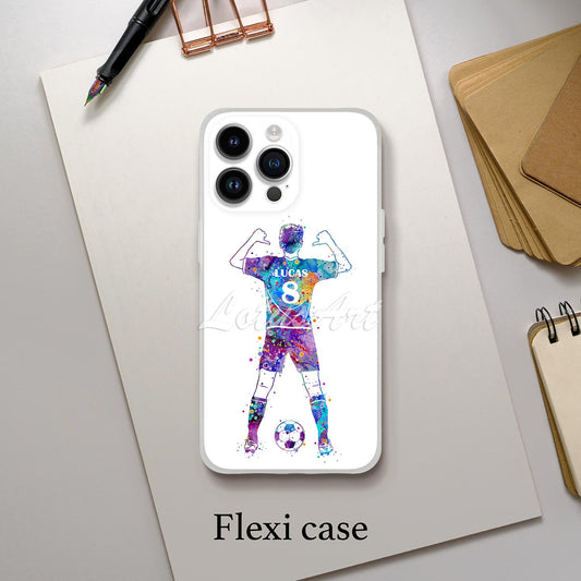 Soccer boy personalized sports phone case watercolor art, custom name & jersey number, flexi case iPhone