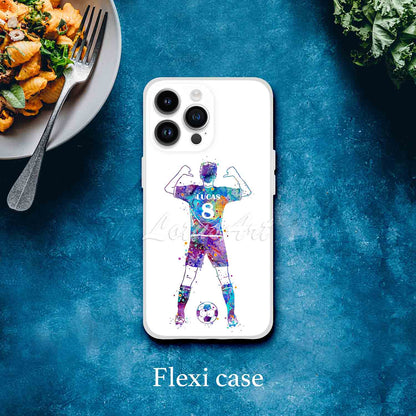 Soccer boy personalized sports phone case watercolor art, custom name & jersey number, flexi case lifestyle blue bg