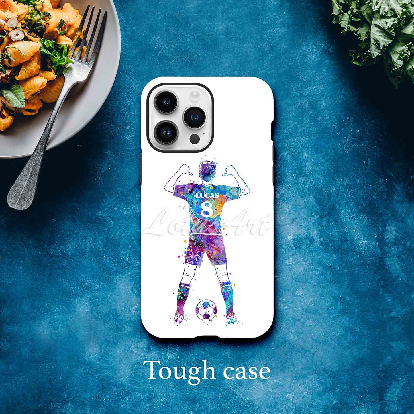Soccer boy personalized sports phone case watercolor art, custom name & jersey number, tough case lifestyle blue bg