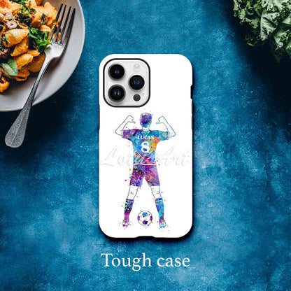 Soccer boy personalized sports phone case watercolor art, custom name & jersey number, tough case lifestyle blue bg