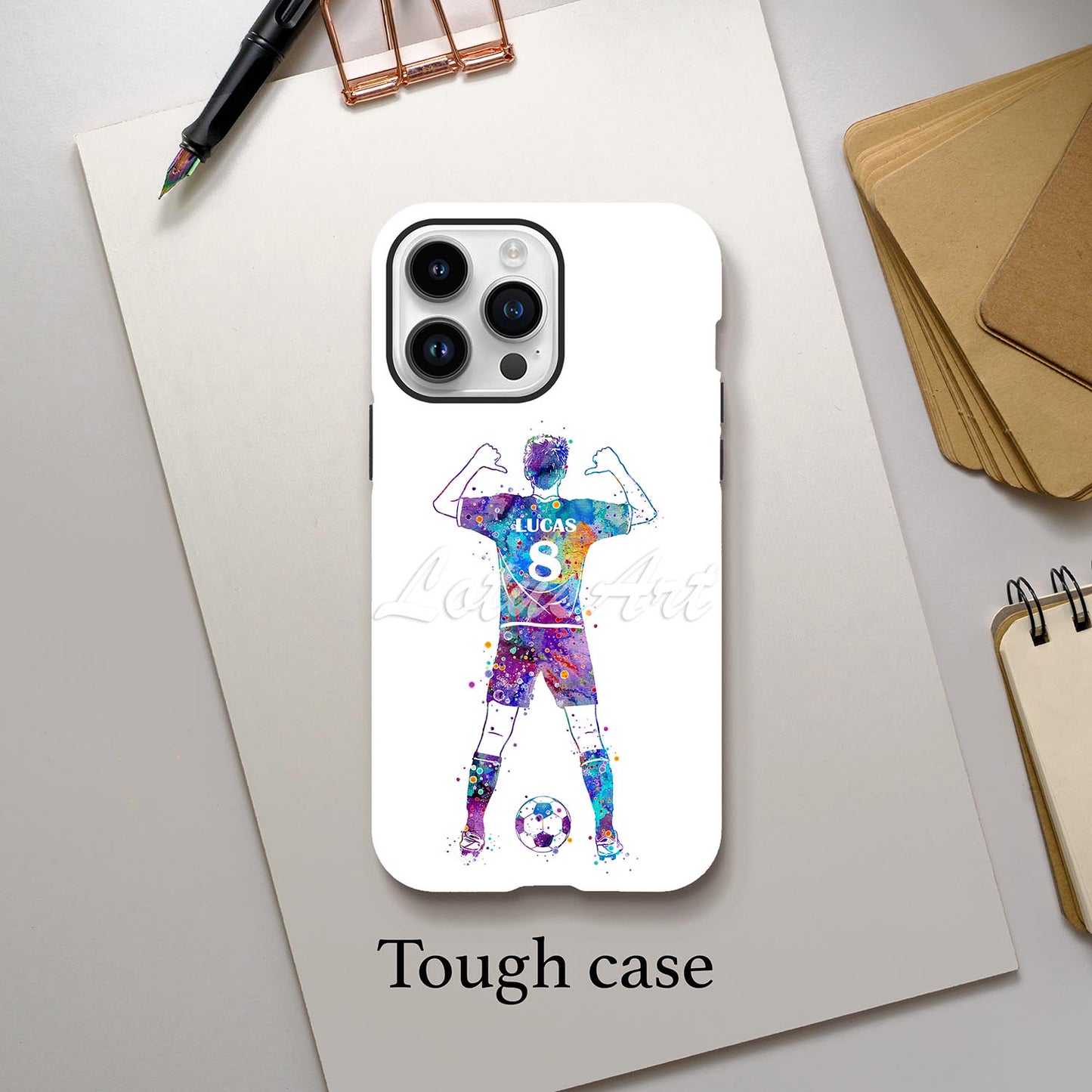 Soccer boy personalized sports phone case watercolor art, custom name & jersey number, tough case lifestyle