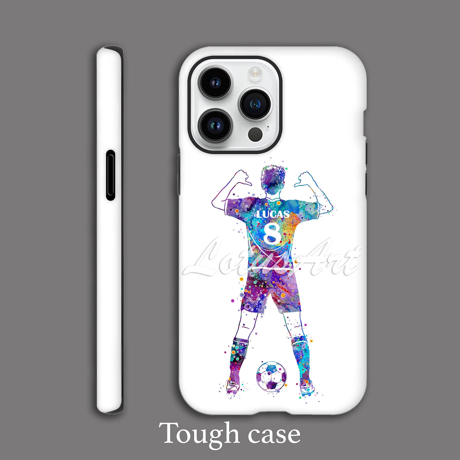 Soccer boy personalized sports phone case watercolor art, custom name & jersey number, tough case side view
