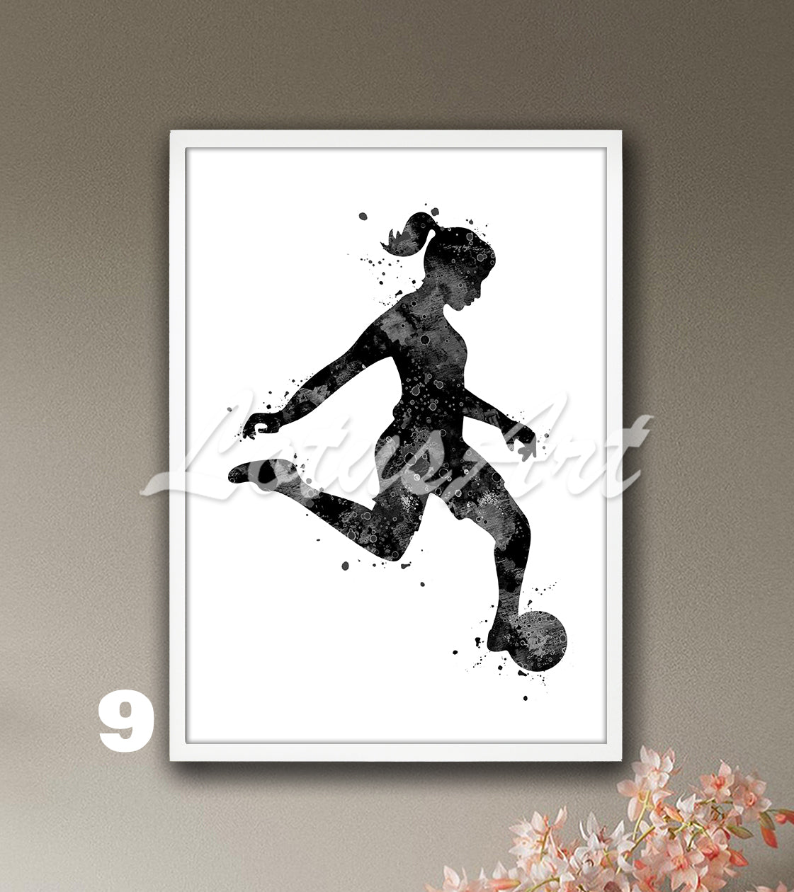 Soccer girl watercolor sports art in print black & white - minimalist kids room decor