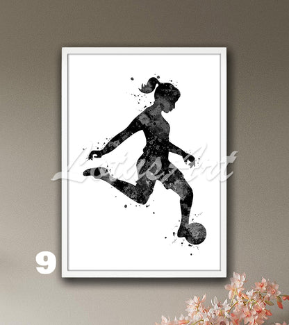 Soccer girl watercolor sports art in print black & white - minimalist kids room decor