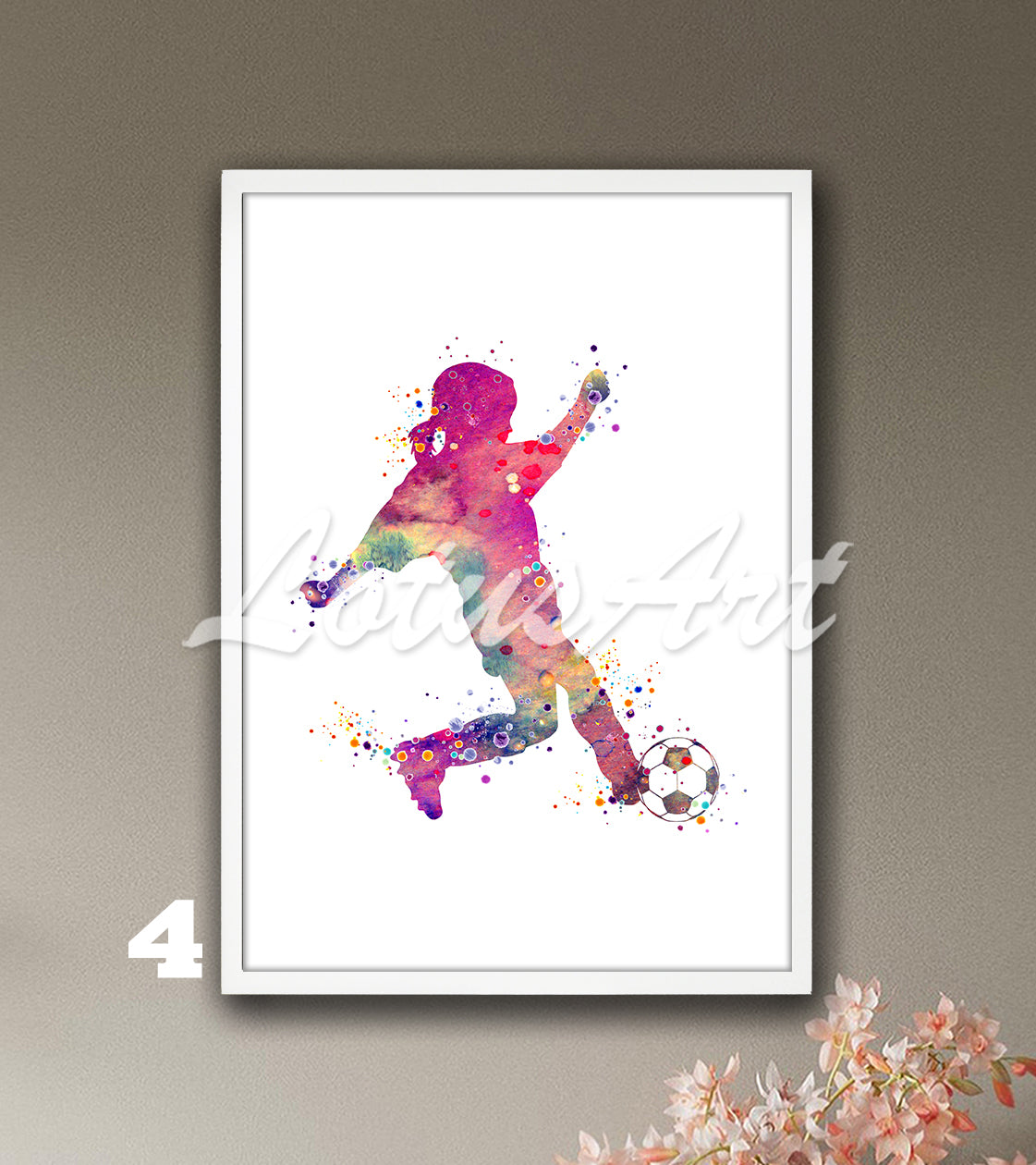 Little girl soccer watercolor sports art print in colorful tones - girls room decor