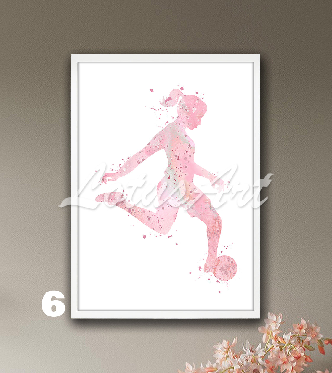 Soccer girl kicking ball watercolor sports artwork in light pink tones - girls room decor