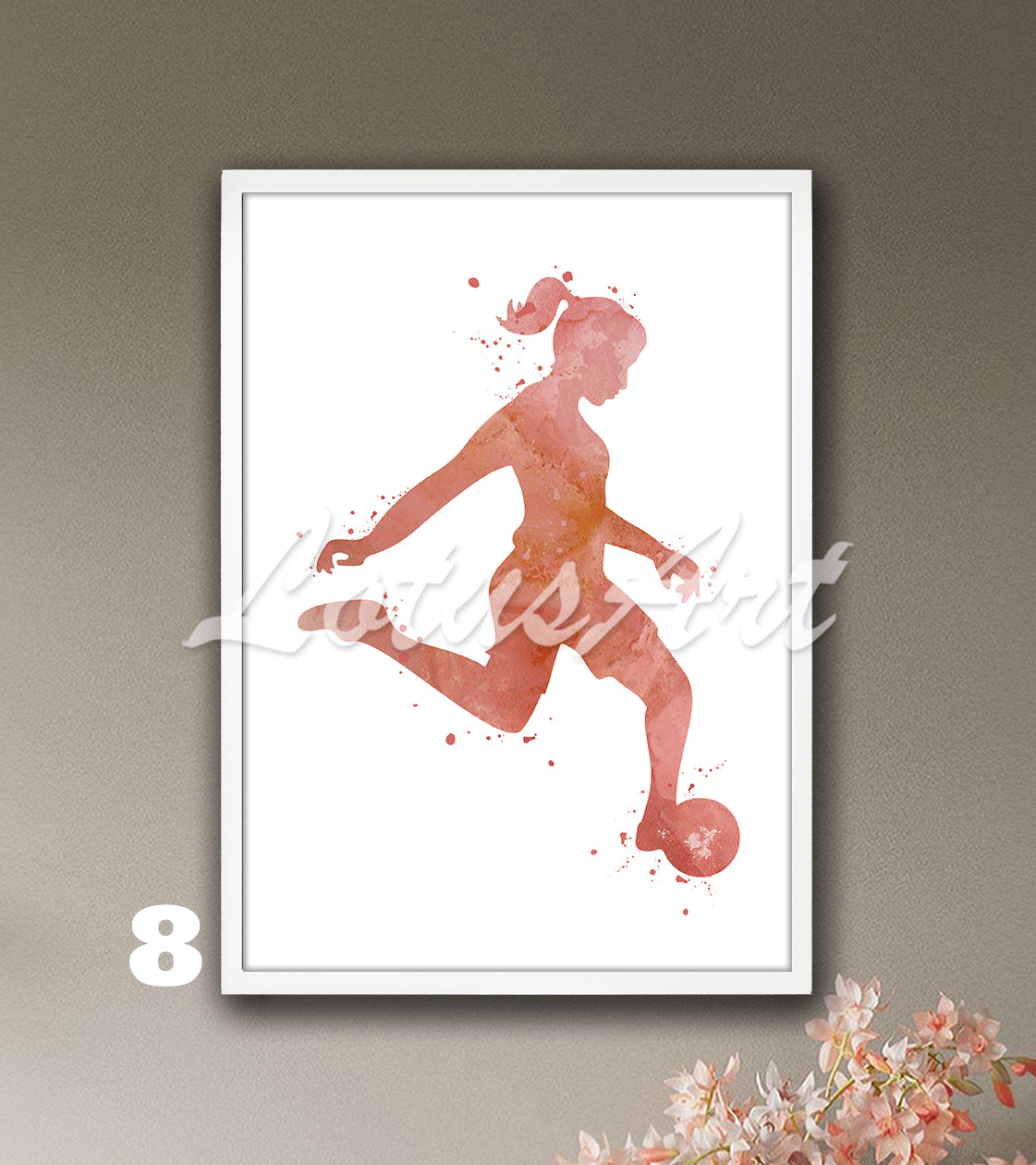 Soccer girl kicking ball watercolor sports art print in rose-gold tones - girls room wall art decor