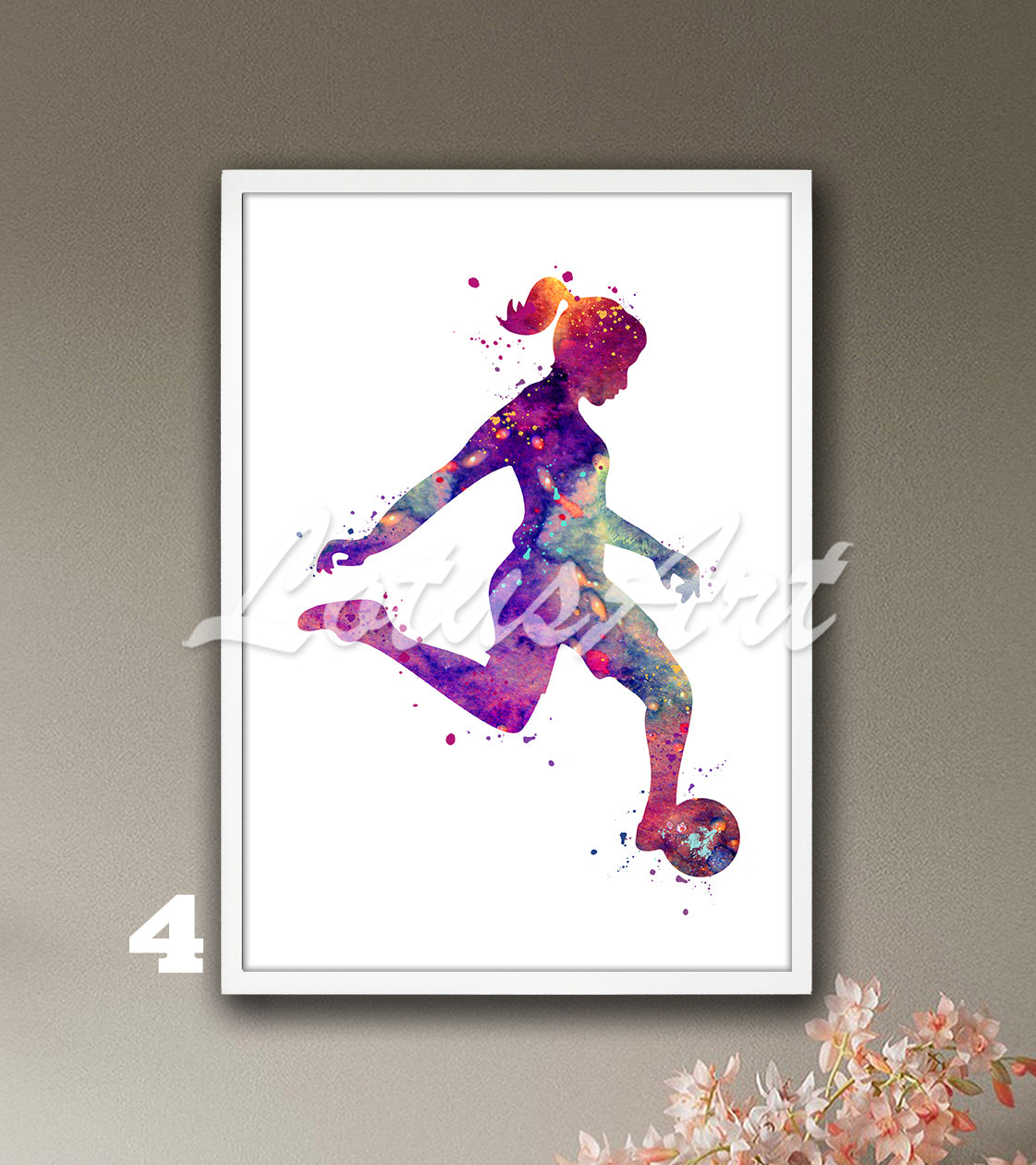 Soccer girl kicking ball watercolor sports decor in colorful & puple tones - girls room wall art