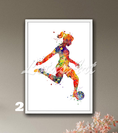 Soccer girl kicking ball watercolor sports art print in vibrant colors - girls room poster