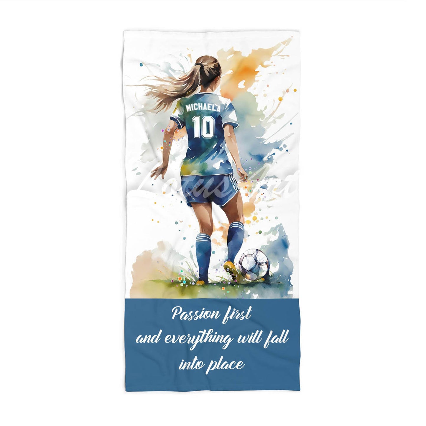 Soccer girl personalized blue sports beach towel custom name number, blue white watercolor football art front view