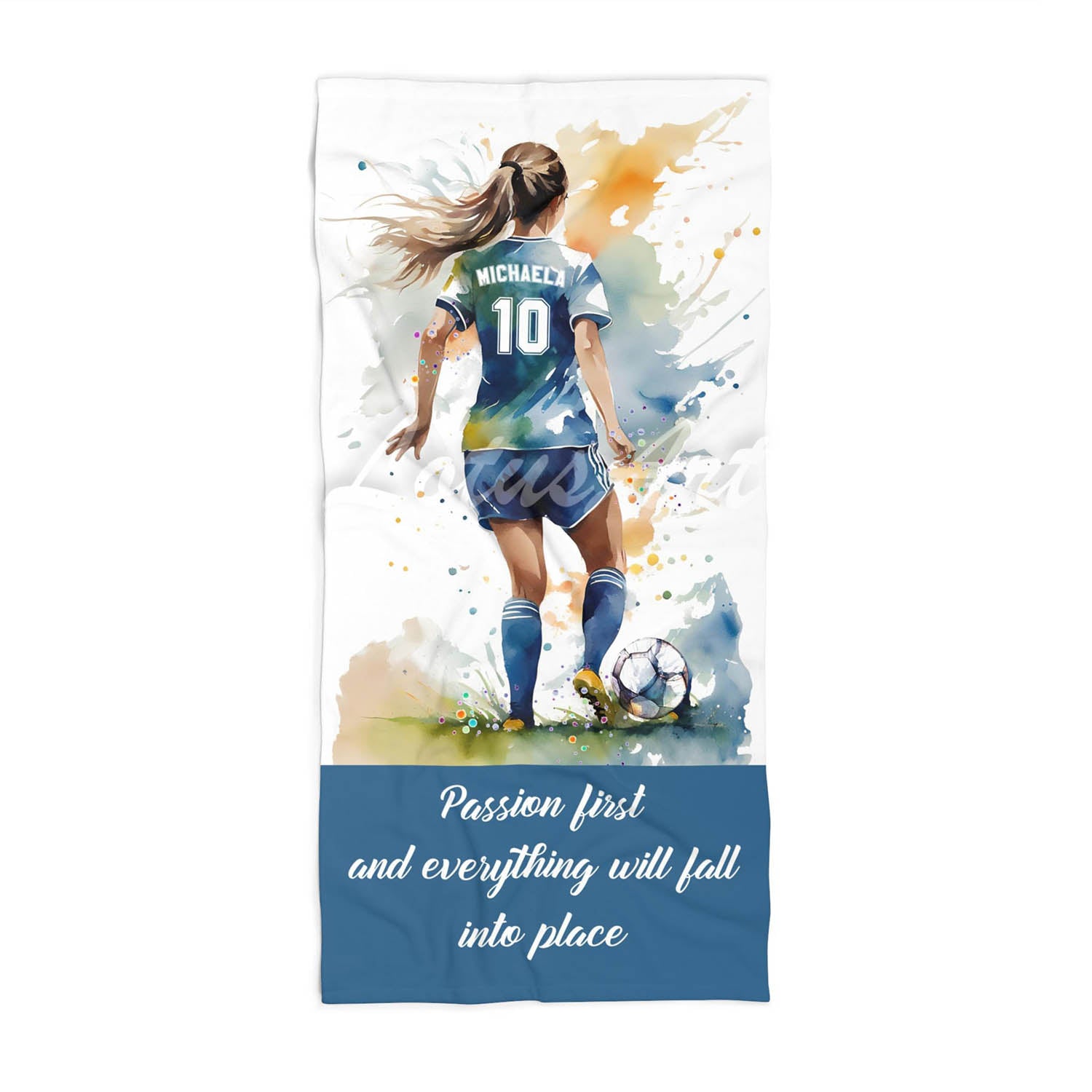 Soccer girl personalized blue sports beach towel custom name number, blue white watercolor football art front view