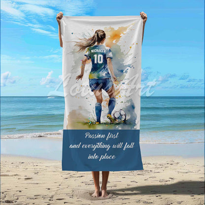 Soccer girl personalized blue sports beach towel custom name number, blue white watercolor football art lifestyle beach