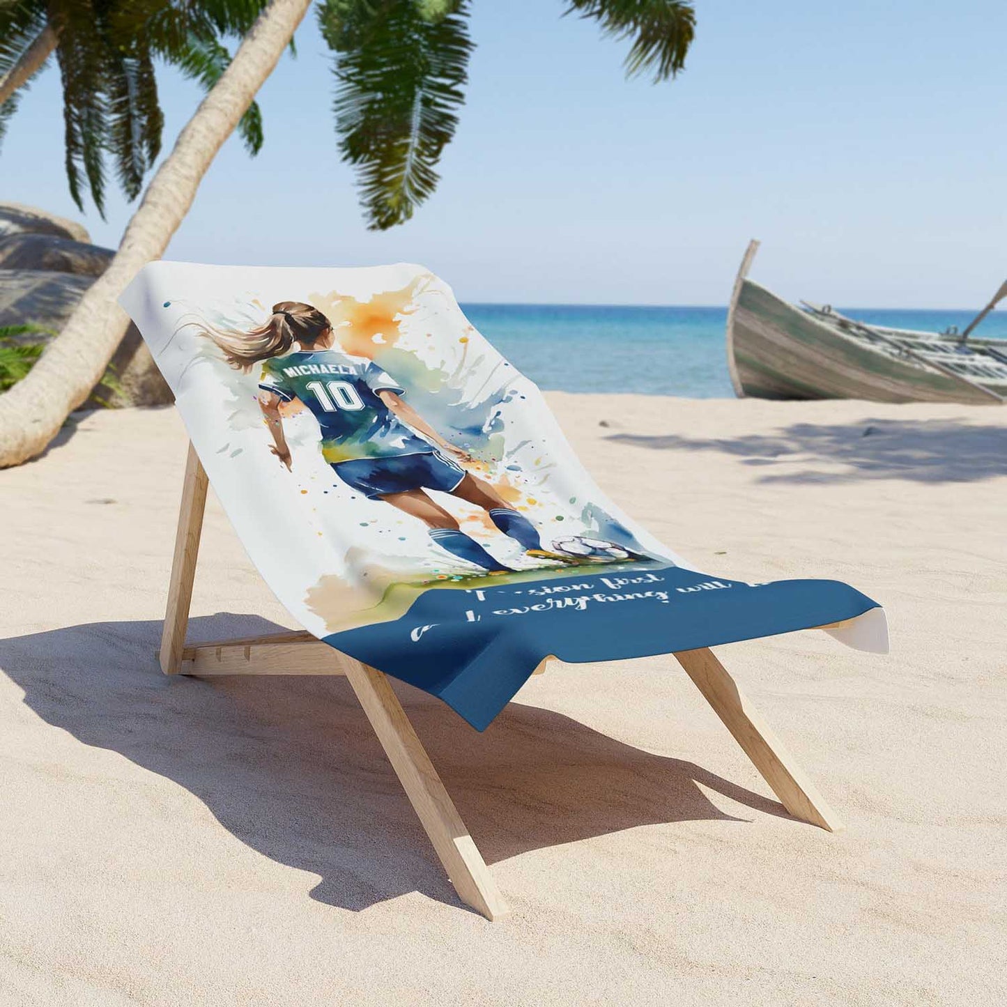 Soccer girl personalized blue sports beach towel custom name number, blue white watercolor football art on a lounger