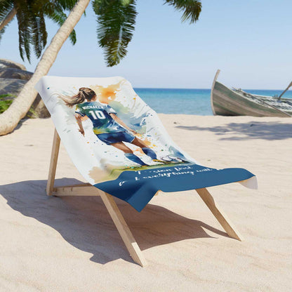 Soccer girl personalized blue sports beach towel custom name number, blue white watercolor football art on a lounger