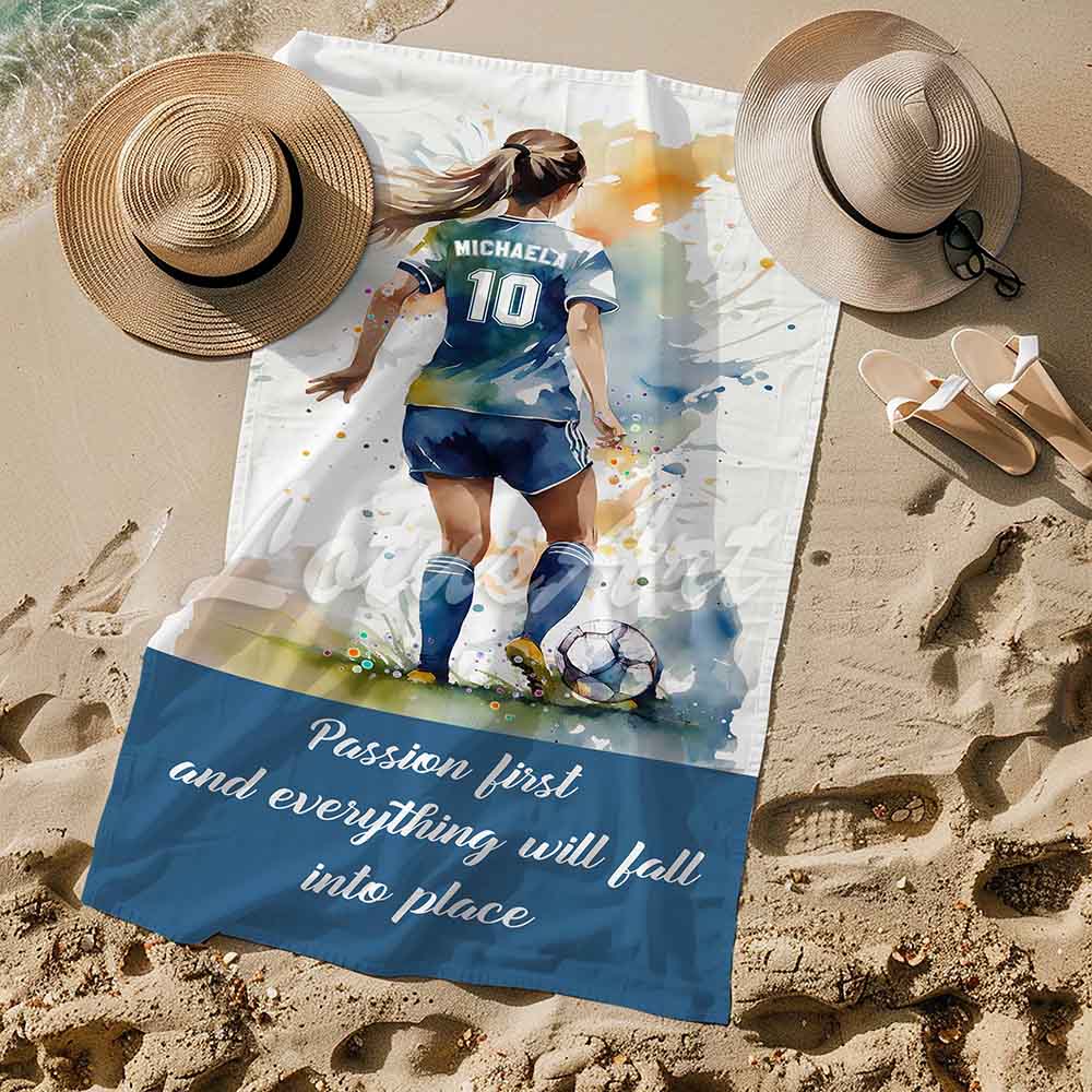 Soccer girl personalized blue sports beach towel custom name number, blue white watercolor football art lifestyle sand