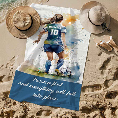 Soccer girl personalized blue sports beach towel custom name number, blue white watercolor football art lifestyle sand