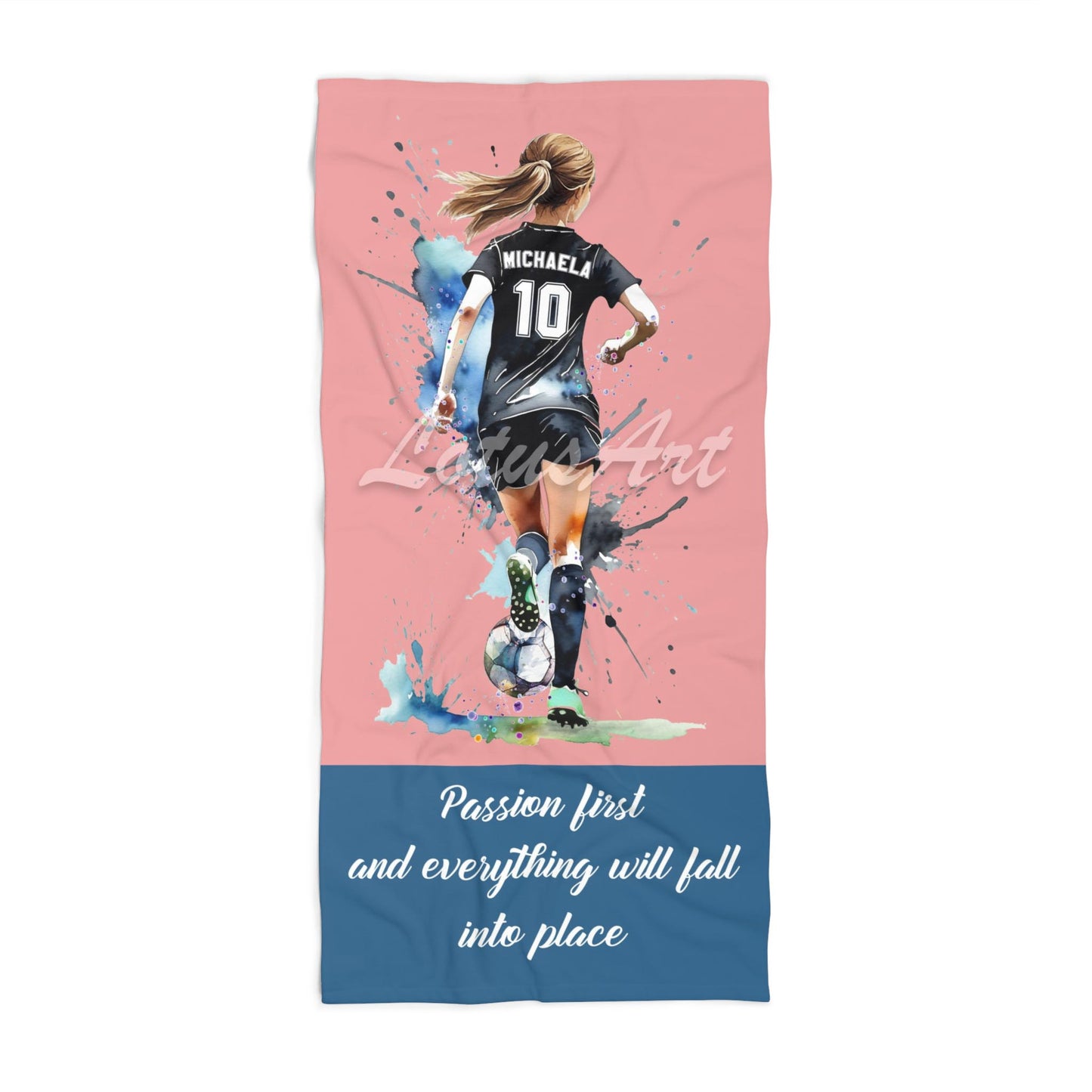 Soccer girl personalized pastel pink sports beach towel custom name number, rose pink watercolor football art front view