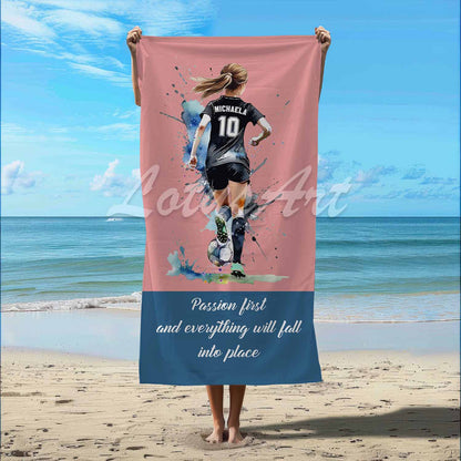 Soccer girl personalized pastel pink sports beach towel custom name number, rose pink watercolor football art lifestyle beach