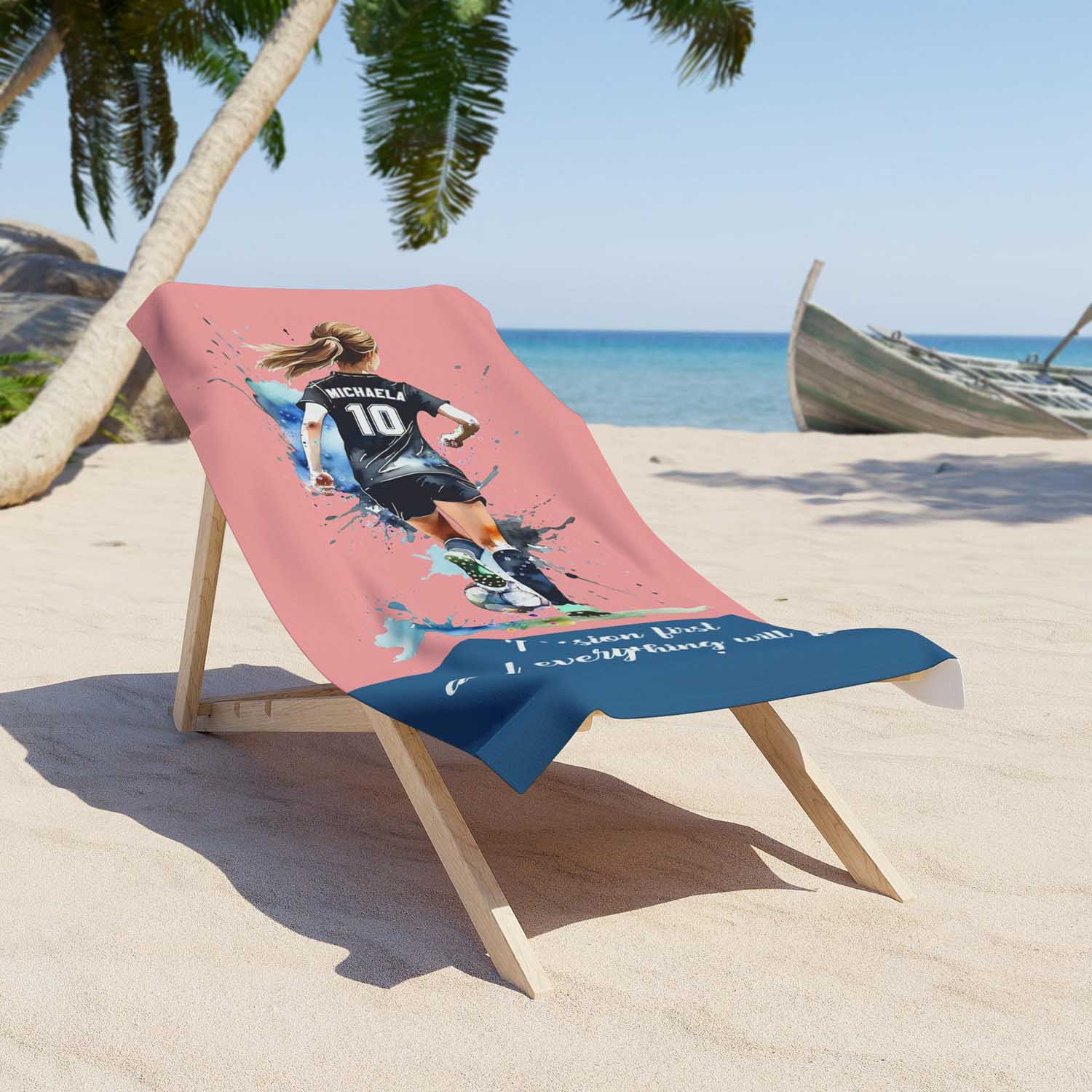 Soccer girl personalized pastel pink sports beach towel custom name number, rose pink watercolor football art on a lounger