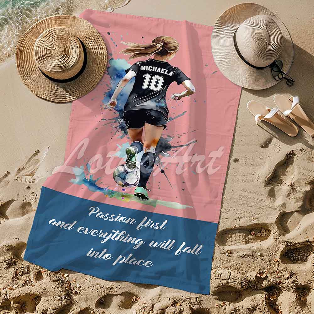 Soccer girl personalized pastel pink sports beach towel custom name number, rose pink watercolor football art lifestyle sand