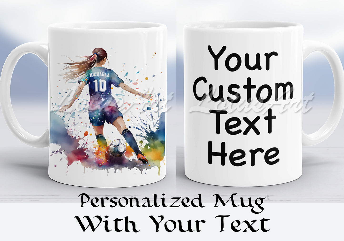 Personalized mug with a soccer player design and customizable text on a white background.