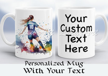 Personalized mug with a soccer player design and customizable text on a white background.