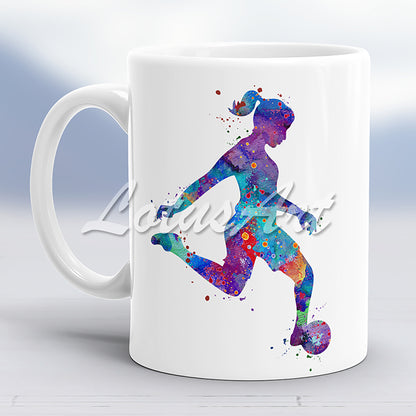 White sports mug with multicolor silhouette of a girl playing soccer