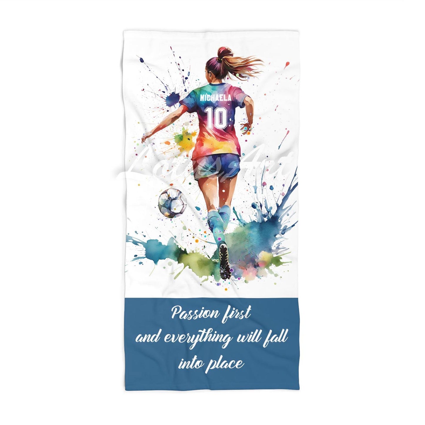 Soccer girl quote personalized sports beach towel custom name number, multicolor watercolor football art front view