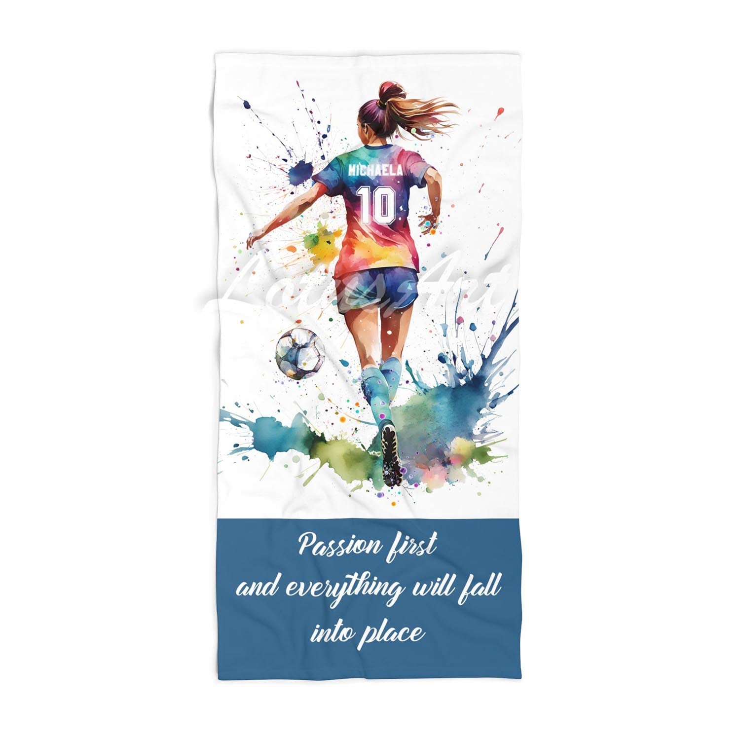 Soccer girl quote personalized sports beach towel custom name number, multicolor watercolor football art front view