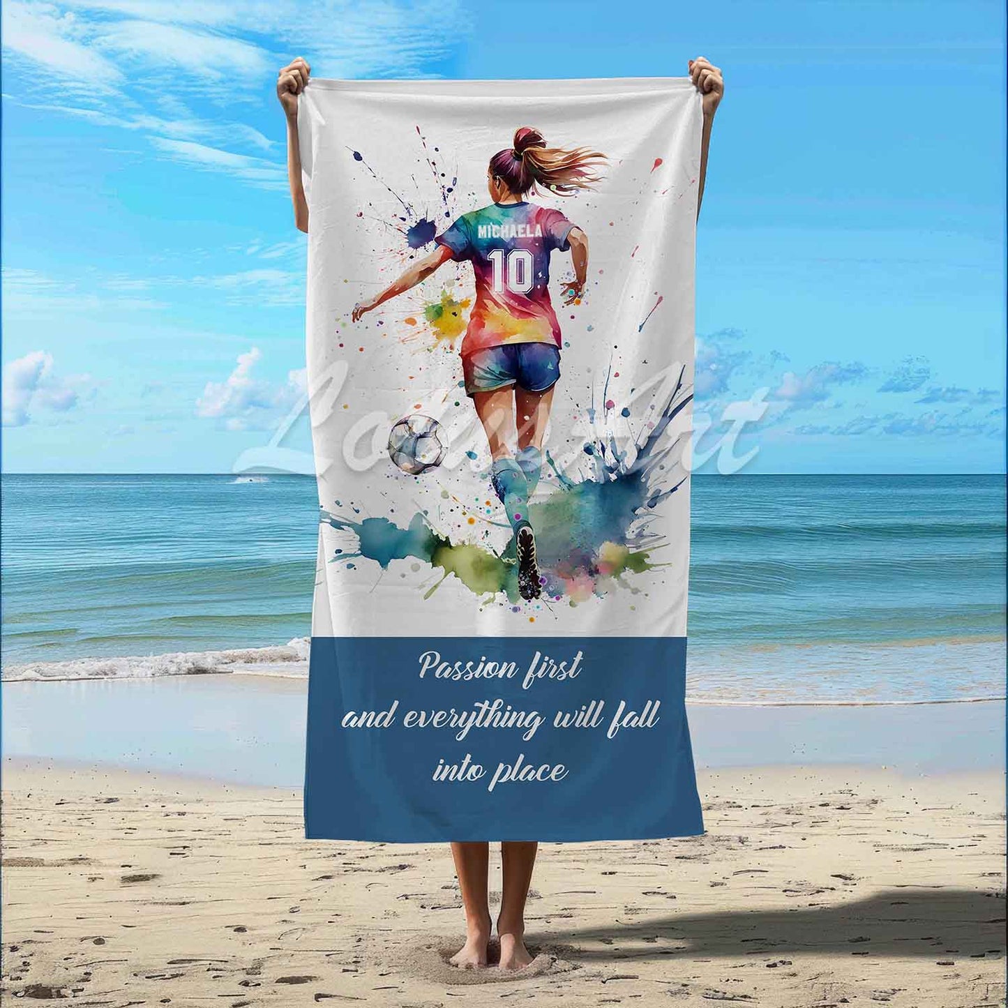 Soccer girl quote personalized sports beach towel custom name number, multicolor watercolor football art lifestyle beach