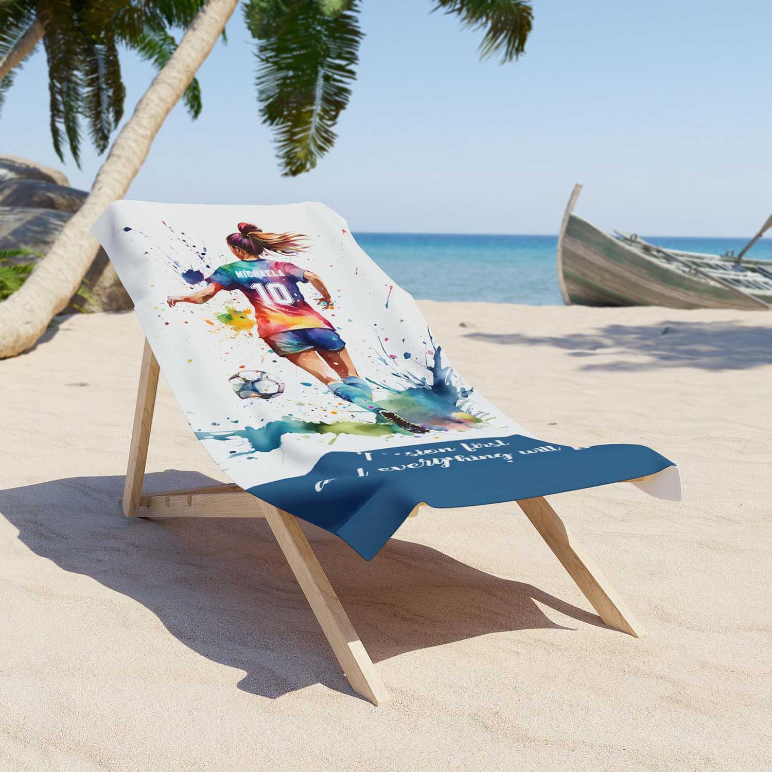 Soccer girl quote personalized sports beach towel custom name number, multicolor watercolor football art on a lounger